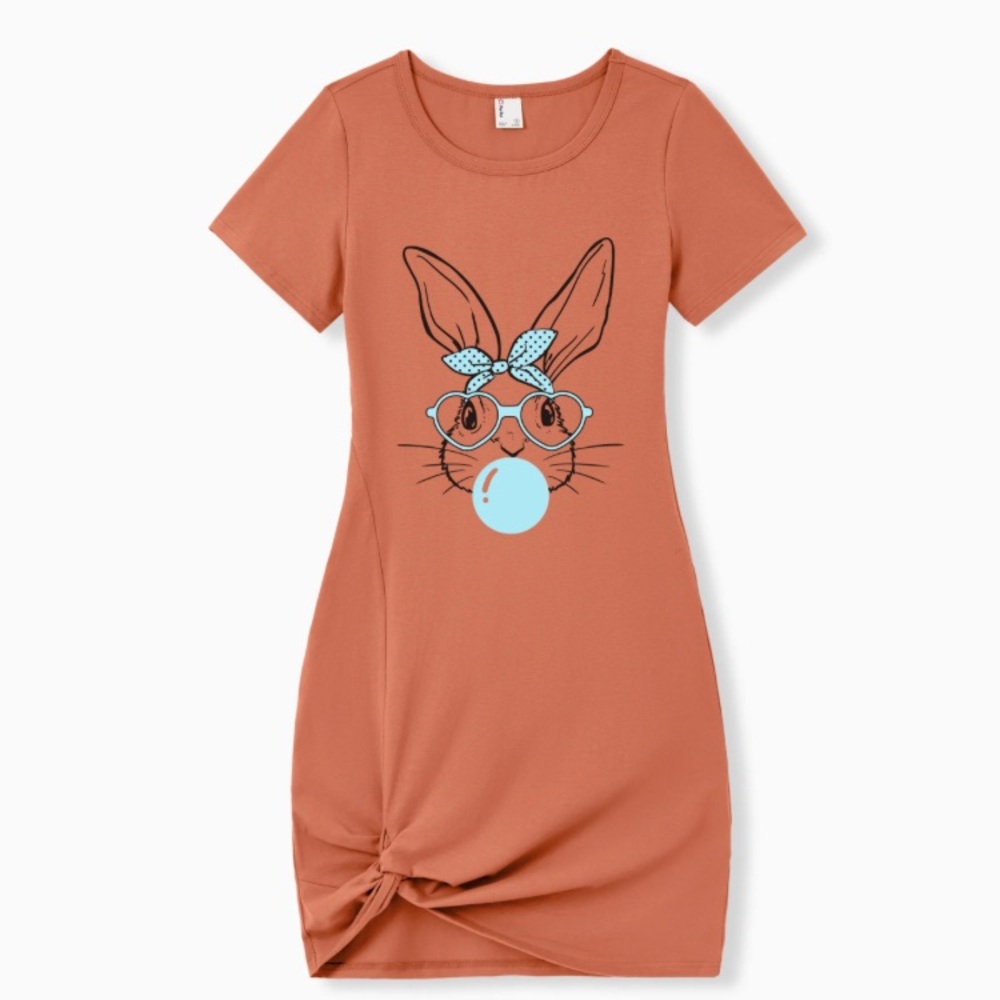 Rabbit Print Cotton Body-con Easter Dress Brick Red